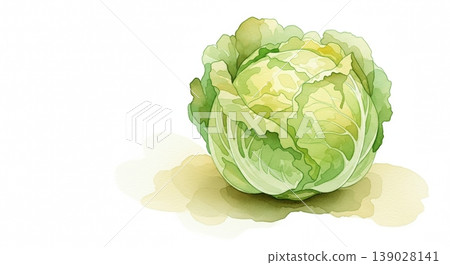 一幅柔和的水彩插畫,描繪了新鮮、充滿活力的生菜,採用天然材料,筆觸輕柔。 一幅柔和的水彩插畫,描繪了新鮮、充滿活力的生菜,採用天然材料,筆觸輕柔。 139028141