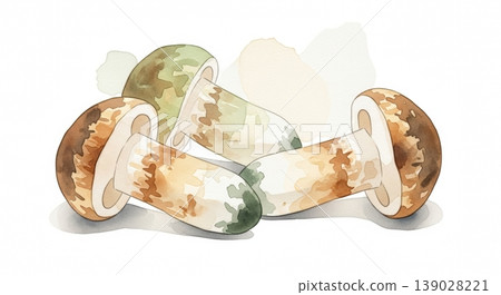 A delicate watercolor illustration of fresh, vibrant matsutake mushrooms, featuring soft, natural materials. 139028221