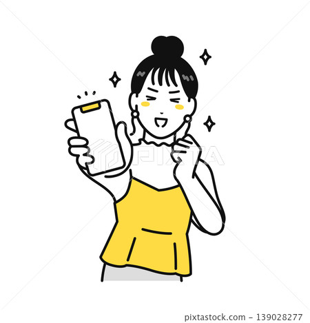Illustration of a young woman with her hair tied up excitedly showing her smartphone screen. Illustration of a young woman with her hair tied up excitedly showing her smartphone screen. 139028277