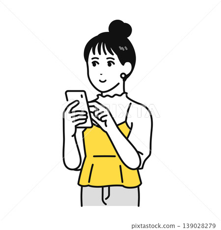 圖:一位年輕女子頭髮綁起來,正在看智慧型手機 圖:一位年輕女子頭髮綁起來,正在看智慧型手機 139028279