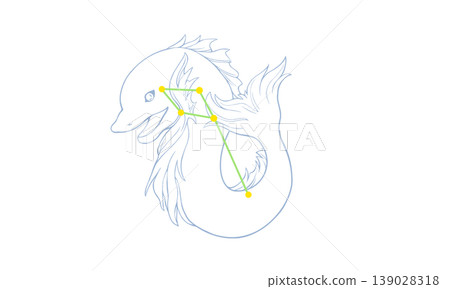 Color line art illustration of the constellation Delphinus (a drawing of a dolphin and constellation lines) Color line art illustration of the constellation Delphinus (a drawing of a dolphin and constellation lines) 139028318
