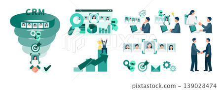 Business illustration set for CRM customer management systems and AI analytics. Business illustration set for CRM customer management systems and AI analytics. 139028474