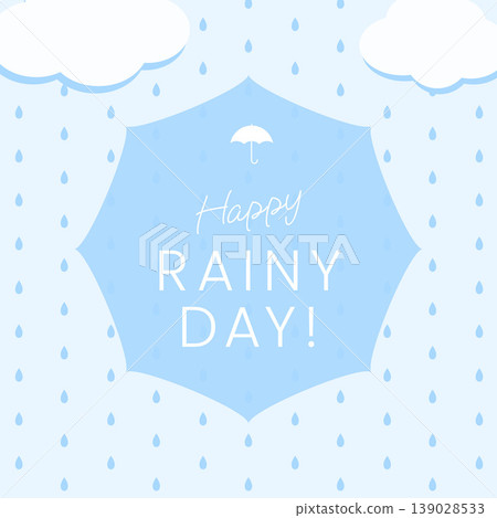 可愛的雨季背景，有雲朵和雨滴，藍色，六邊形邊框。 139028533