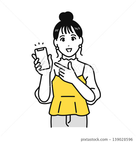Illustration of a young woman with her hair tied up recommending something while showing her smartphone screen. Illustration of a young woman with her hair tied up recommending something while showing her smartphone screen. 139028596