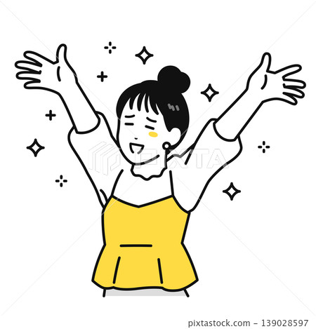 Illustration of a young woman with her hair tied up, raising her arms in joy. Illustration of a young woman with her hair tied up, raising her arms in joy. 139028597