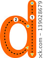 Educational lowercase letter D tracing worksheet for kids. Suitable for preschool and early learning handwriting practice. 139028679