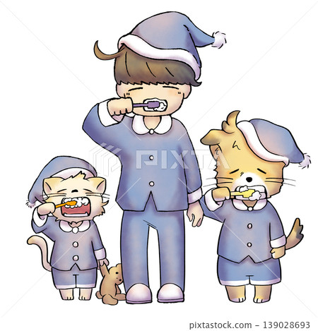 一個男孩在刷牙，一隻狗，還有一隻貓 139028693