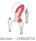 An isometric line drawing illustration of three business people surrounding a giant question mark. 139028731