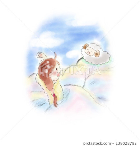 水彩風格的插圖，描繪了一個女孩和一隻正在睡覺的綿羊，繪本風格。 139028782