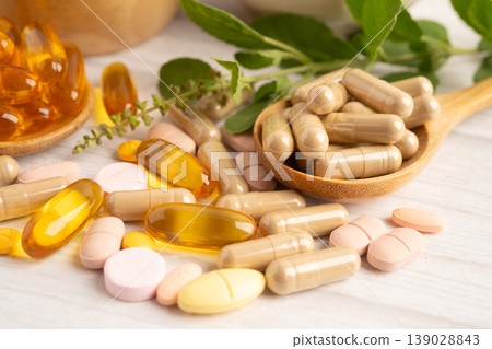 Alternative medicine herbal organic capsule drug herb. 139028843