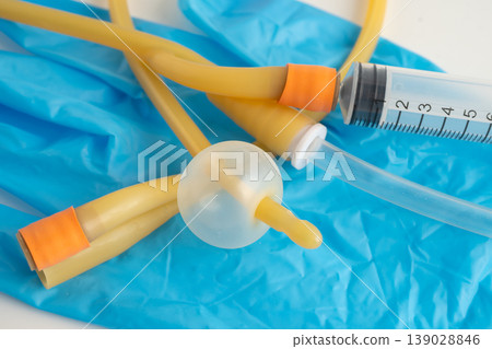 Foley catheter and urine drainage bag collect urine for disability or patient in hospital. 139028846