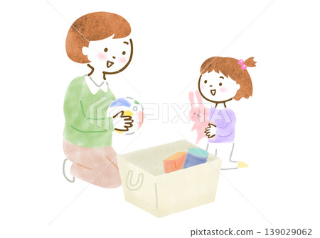 一幅描繪母親和女兒一起收拾玩具的插圖。 139029062
