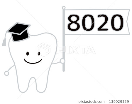 Illustration of a tooth character holding the flag of the 8020 movement Illustration of a tooth character holding the flag of the 8020 movement 139029329