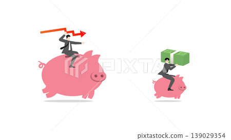 Financial loss and economic crisis concept, businessman riding piggy bank with red down arrow, investment risk and market downturn, capital reduction strategy 139029354