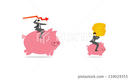 Investment risk and economic recession concept, businessman riding piggy bank with red down arrow and coins, financial crisis and capital loss management Investment risk and economic recession concept, businessman riding piggy bank with red down arrow and coins, financial crisis and capital loss management 139029355