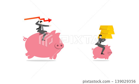 Market downturn and financial crisis concept, businessman riding piggy bank with gold bars and red down arrow, investment risk and capital loss analysis 139029356