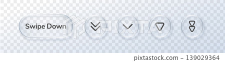 Modern swipe arrow buttons with glassmorphism effect for UI design. Minimalist interface icons featuring transparent glass elements and directional symbols for apps. 139029364