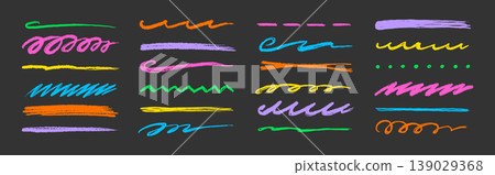 Line color brush crayon set. Underline brush crayon hand drawn pencil pen stroke marker color..Kid children doodle scribble wavy squiggle highlight texture grunge background. Vector Line color brush crayon set. Underline brush crayon hand drawn pencil pen stroke marker color..Kid children doodle scribble wavy squiggle highlight texture grunge background. Vector 139029368