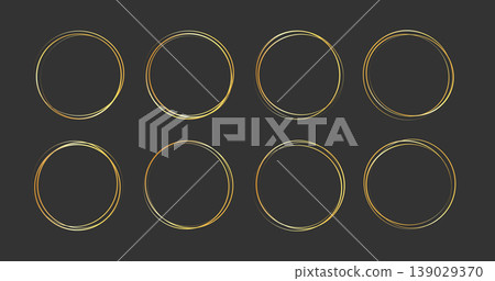 Gold golden frame ring set. Gold circular ring line glitter luxury hand drawn outline texture. Elegant doodle sparkle light metal effect for wedding decoration logo. Vector Gold golden frame ring set. Gold circular ring line glitter luxury hand drawn outline texture. Elegant doodle sparkle light metal effect for wedding decoration logo. Vector 139029370