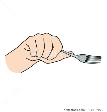 一幅右手拿著叉子進食的插圖。 139029539