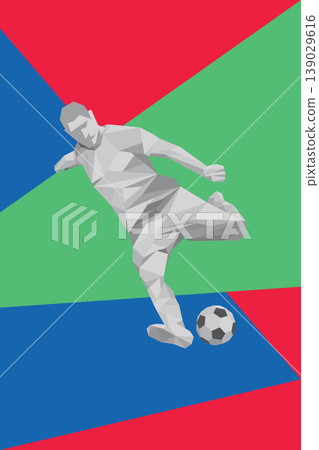 Polygon football player shooting with grometric colorful background vertical template have blank space. Polygon football player shooting with grometric colorful background vertical template have blank space. 139029616