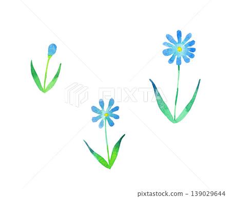 一套時尚的淺藍色和藍色花朵：手繪水彩植物插圖。 139029644