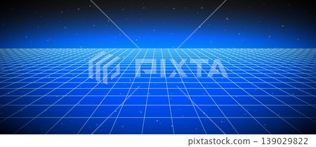 Bright blue glow neon wireframe background. Glowing checkered grid floor plane in perspective. Arcade game sci fi matrix landscape surface. Retro shining futuristic horizon wallpaper. Vector backdrop Bright blue glow neon wireframe background. Glowing checkered grid floor plane in perspective. Arcade game sci fi matrix landscape surface. Retro shining futuristic horizon wallpaper. Vector backdrop 139029822