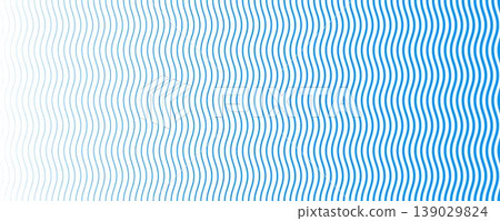 Blue wave texture gradient. Fading curved linear halftone gradation. Vector wavy water lines pattern wallpaper. Blue thin to thick undulate stripes background for overlay, print, cover, graphic design Blue wave texture gradient. Fading curved linear halftone gradation. Vector wavy water lines pattern wallpaper. Blue thin to thick undulate stripes background for overlay, print, cover, graphic design 139029824