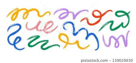 Color hand drawn organic line collection. Brush stroke squiggle shape set. Vector charcoal chalk serpentine streamers. Crayon curly wave element bundle. Wiggly scribble pack for party decor, poster 139029830