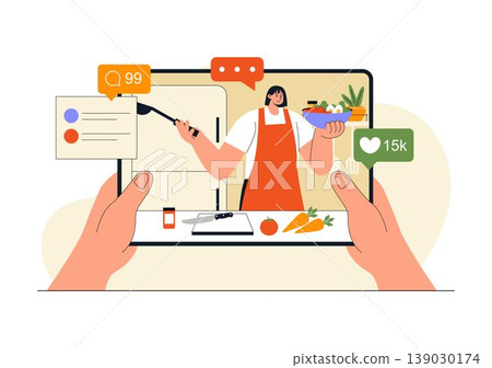 Cooking Blog Illustration Online Food Content Creator With Kitchen Setup Camera Live Streaming Recipe Tutorial and Social Media Engagement Design Cooking Blog Illustration Online Food Content Creator With Kitchen Setup Camera Live Streaming Recipe Tutorial and Social Media Engagement Design 139030174