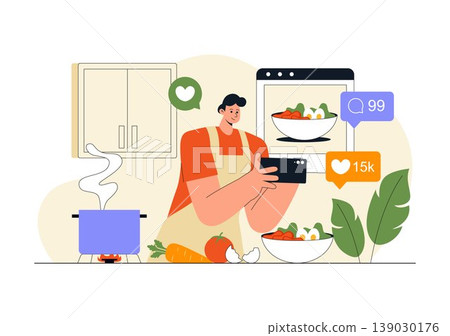 Cooking Blog Illustration Online Food Content Creator With Kitchen Setup Camera Live Streaming Recipe Tutorial and Social Media Engagement Design Cooking Blog Illustration Online Food Content Creator With Kitchen Setup Camera Live Streaming Recipe Tutorial and Social Media Engagement Design 139030176