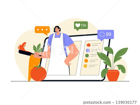 Cooking Blog Illustration Online Food Content Creator With Kitchen Setup Camera Live Streaming Recipe Tutorial and Social Media Engagement Design 139030177