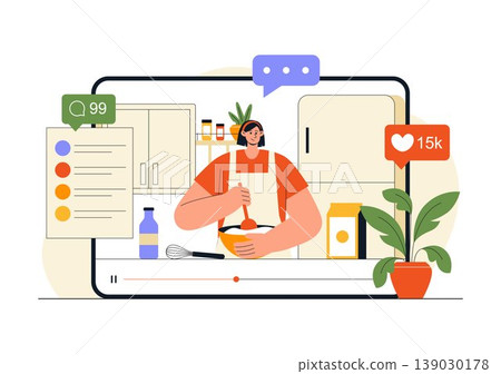 Cooking Blog Illustration Online Food Content Creator With Kitchen Setup Camera Live Streaming Recipe Tutorial and Social Media Engagement Design 139030178