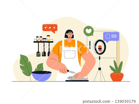 Cooking Blog Illustration Online Food Content Creator With Kitchen Setup Camera Live Streaming Recipe Tutorial and Social Media Engagement Design 139030179