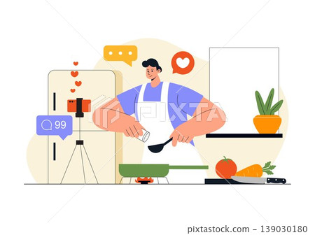 Cooking Blog Illustration Online Food Content Creator With Kitchen Setup Camera Live Streaming Recipe Tutorial and Social Media Engagement Design 139030180