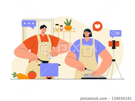 Cooking Blog Illustration Online Food Content Creator With Kitchen Setup Camera Live Streaming Recipe Tutorial and Social Media Engagement Design 139030181