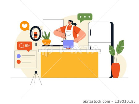 Cooking Blog Illustration Online Food Content Creator With Kitchen Setup Camera Live Streaming Recipe Tutorial and Social Media Engagement Design Cooking Blog Illustration Online Food Content Creator With Kitchen Setup Camera Live Streaming Recipe Tutorial and Social Media Engagement Design 139030183