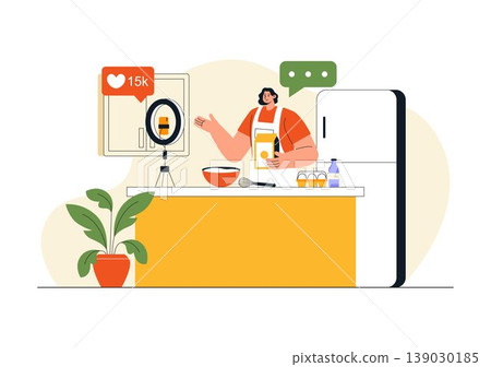 Cooking Blog Illustration Online Food Content Creator With Kitchen Setup Camera Live Streaming Recipe Tutorial and Social Media Engagement Design 139030185