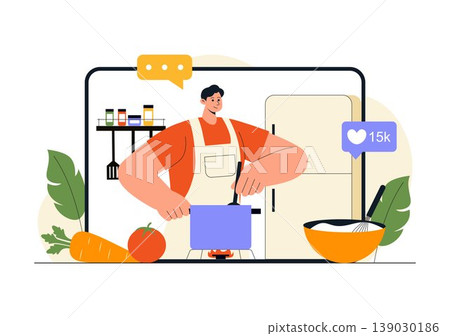 Cooking Blog Illustration Online Food Content Creator With Kitchen Setup Camera Live Streaming Recipe Tutorial and Social Media Engagement Design Cooking Blog Illustration Online Food Content Creator With Kitchen Setup Camera Live Streaming Recipe Tutorial and Social Media Engagement Design 139030186