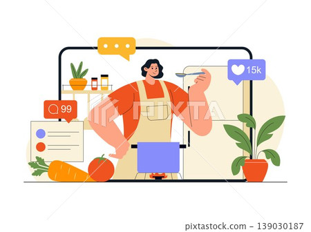 Cooking Blog Illustration Online Food Content Creator With Kitchen Setup Camera Live Streaming Recipe Tutorial and Social Media Engagement Design 139030187