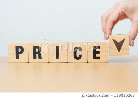 hand change wooden block with PRICE text to UP and Down arrow icon. Sale marketing, Price decrease and Increase Financial, money Value, discount, consumption, investment and purchases concept hand change wooden block with PRICE text to UP and Down arrow icon. Sale marketing, Price decrease and Increase Financial, money Value, discount, consumption, investment and purchases concept 139030262