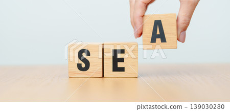 Wooden block of SEA.  Search Engine Optimization, SEM, SEO, Advertising, Marketing, Idea, Strategy, Keyword, Content and technology concept 139030280
