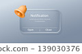 Transparent glass notification window with calendar alert display. Sleek digital interface featuring modern app popup, message bubble, and minimalist icon elements on isolated background. 139030376