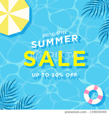 Summer banner for summer sale: A refreshing poolside-themed promotional design vector illustration background. Summer banner for summer sale: A refreshing poolside-themed promotional design vector illustration background. 139030449