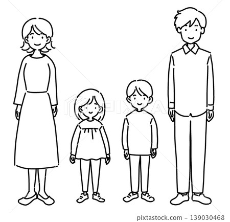 一幅描繪四口之家的插圖（全身像，僅線條畫）。 139030468