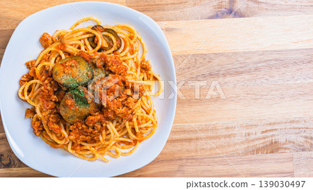 Eggplant meat sauce pasta, Bolognese-style spaghetti Eggplant meat sauce pasta, Bolognese-style spaghetti 139030497