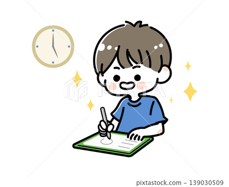 Illustration of a child studying on a tablet. Summer school, online learning. Illustration of a child studying on a tablet. Summer school, online learning. 139030509