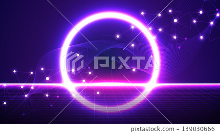 Abstract neon purple futuristic background with glowing circle portal and network grid 139030666