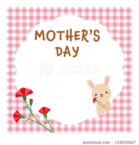 Mother's Day title featuring a rabbit and carnations, framed in pink gingham check. 139030687