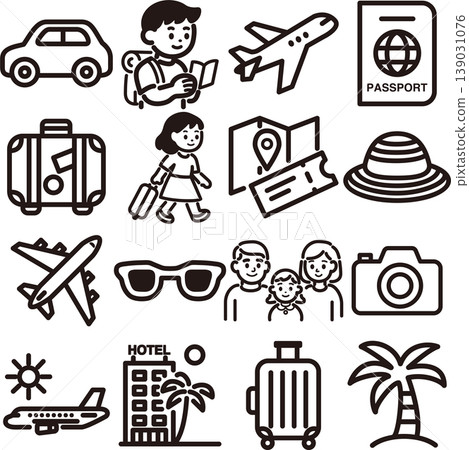 旅行圖示插圖集：觀光、旅行、家庭旅行、交通、住宿、線條藝術、設計、裝飾、材料。 139031076